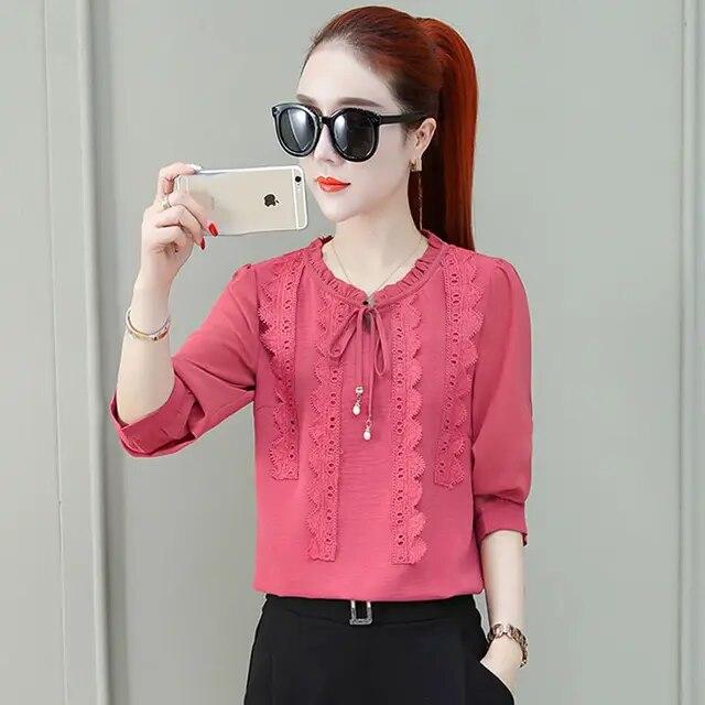 Spring Autumn New Loose Chiffon Shirt Korean Long Sleeved Bottoming Top Women's Lace Ruffled Collar Blouse M-4XL