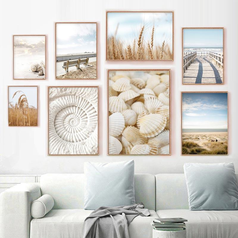 Beach Decoraction Painting Ocean Poster White Shells Bridge Natural Scenery Wall Art Nordic Canvas Print Picture For Home Decor
