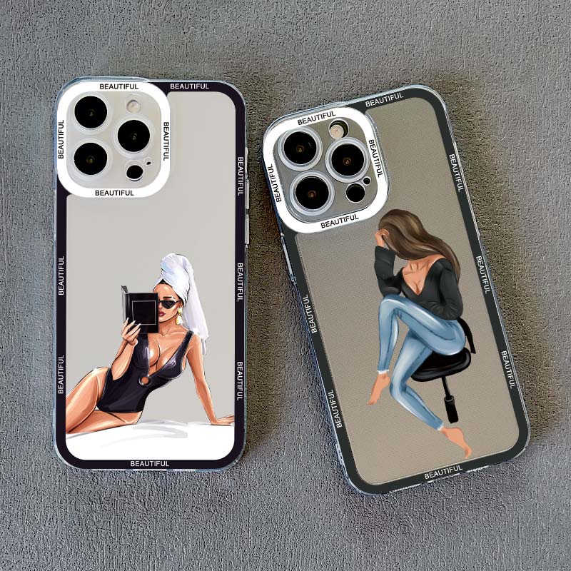 Clear Fashion Girls Woman Lady Phone Case for iPhone 15 14 13 12 Pro Max 11 XR X XS 13 12 SE 7 8 Plus Cover Transparent Funda