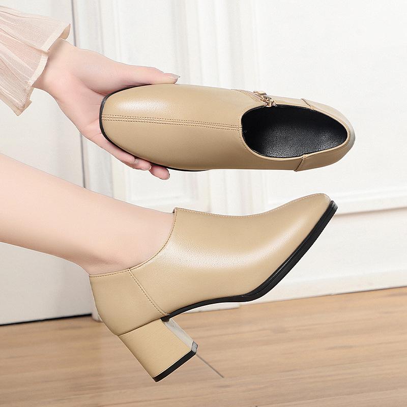 Fashion Casual Spring and Autumn Shoes Single Shoes Deep Heel Women's Shoes Women's Leather Shoes Square Head
