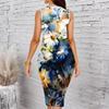 Women Plus Size Sleeveless Round Neck Midi Bodycon Dress Elegant Hanging Floral Print Blue Slim Fit Dress