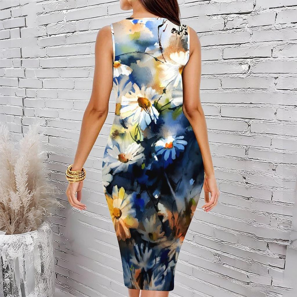Women Plus Size Sleeveless Round Neck Midi Bodycon Dress Elegant Hanging Floral Print Blue Slim Fit Dress