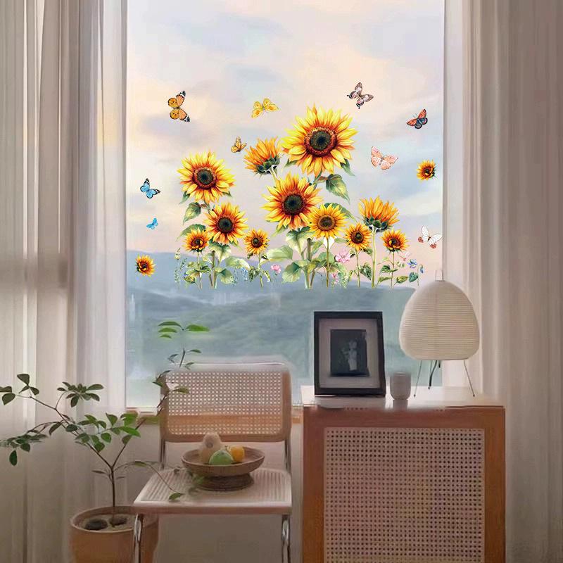 New plant flowers sunflowers butterflies electrostatic glass stickers window glass decoration glue-free and easy to tear