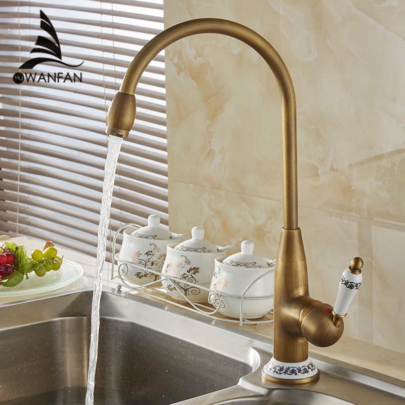 European Style Antique Gold Brass Body Single Hole Single Handle Hot and Cold Water Deck Mounted Kitchen Sink Faucet (as the picture,Brass)