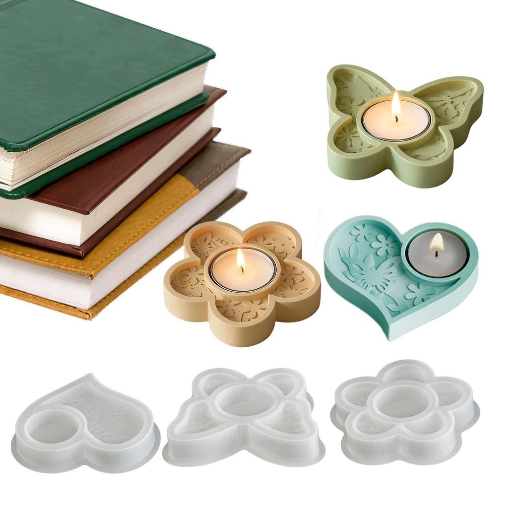3 Stück Schmetterling Blume Herzform Silikonform Kerzenständer Epoxidharz Formen Frühling Dekoration Handgefertigte Kerzenhalterform