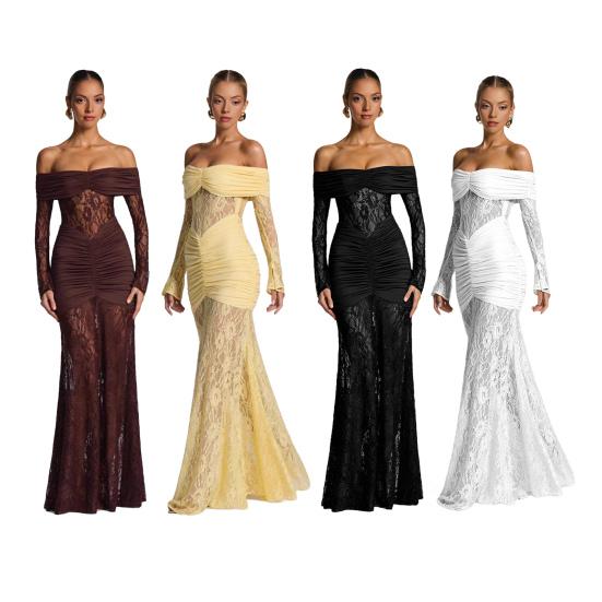 Dámské maxi šaty s odhalenými rameny a dlouhým rukávem, květinová krajka, průsvitná síťovina, řasené bodycon šaty, sexy formální večerní párty, svatební host