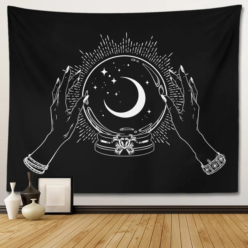 Black and White Moon Hands Tapestry Polyester Witchy Wall Hanging Mystic Gothic Decor for Bedroom Living Room Dorm Background