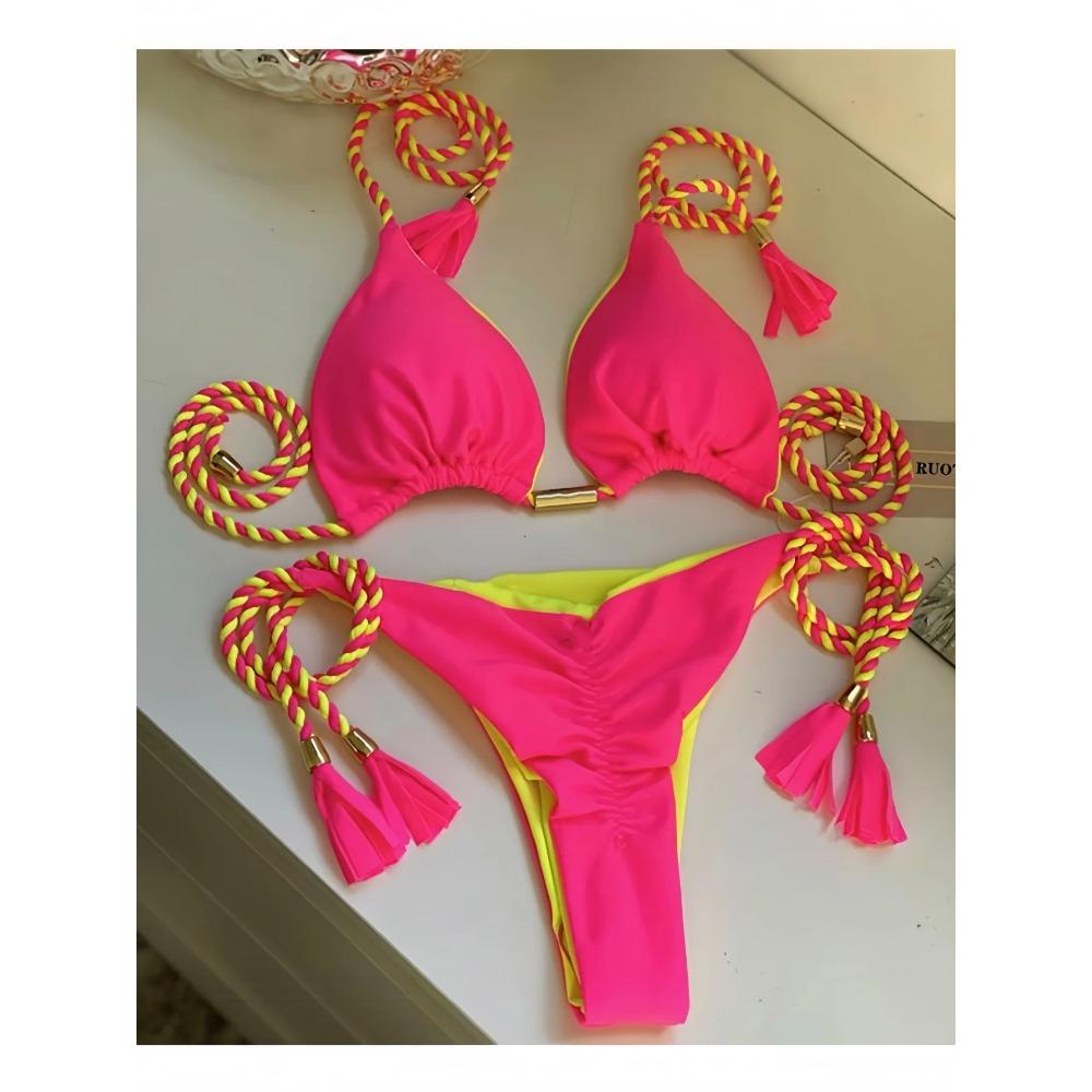 2025 Sexy Solid Color Two-piece Triangle Swimwear Women Swimsuit Braiding Rope Bikinis Set Beach Bathing Suit Brazilian Biquinis