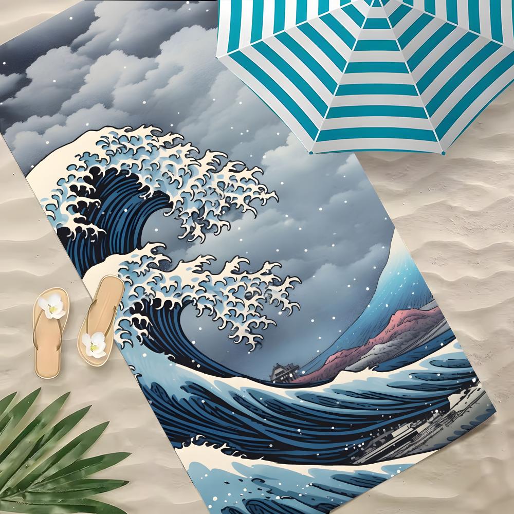 T-La Grande Vague de Kanagawa Serviette Serviette de Plage en Polyester Séchage Rapide Sans Sable Serviette de Bain Pour l'Été Piscine Voyage Vacances 60x35CM