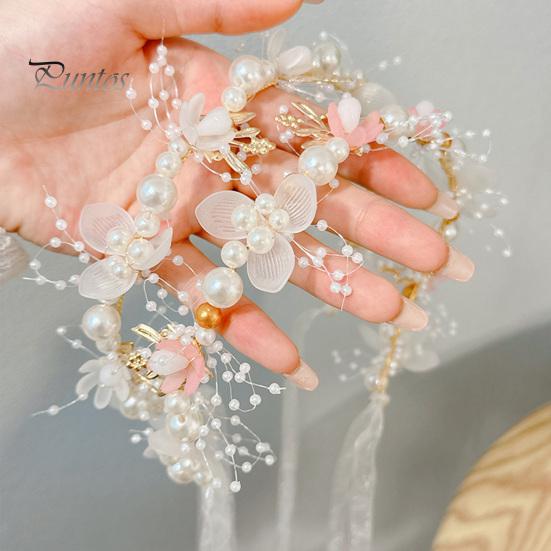 Stirnband für Mädchen, lang, transparentes Band, verstellbar, Kunstperlen-Dekoration, Prinzessinnen-Blumenmuster, Kopfschmuck für Hochzeit, Party, Haar-Accessoires, Geburtstagsgeschenk