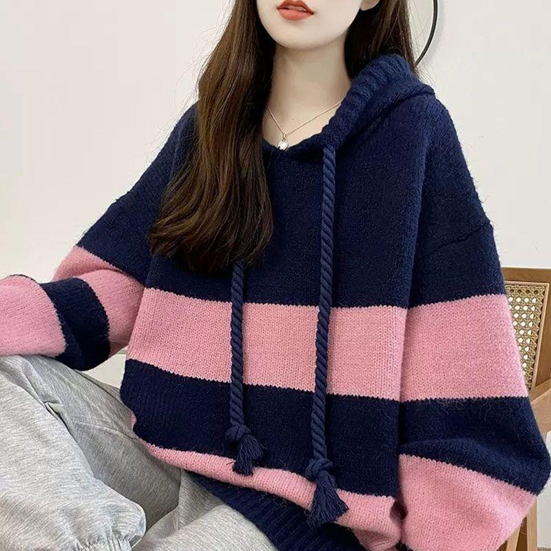 Sweater for Women Autumn Winter Thickened Hooded Pullover Warm Knitted Striped Stretchy Long Sleeve Oversize Jumper Sweater Tops