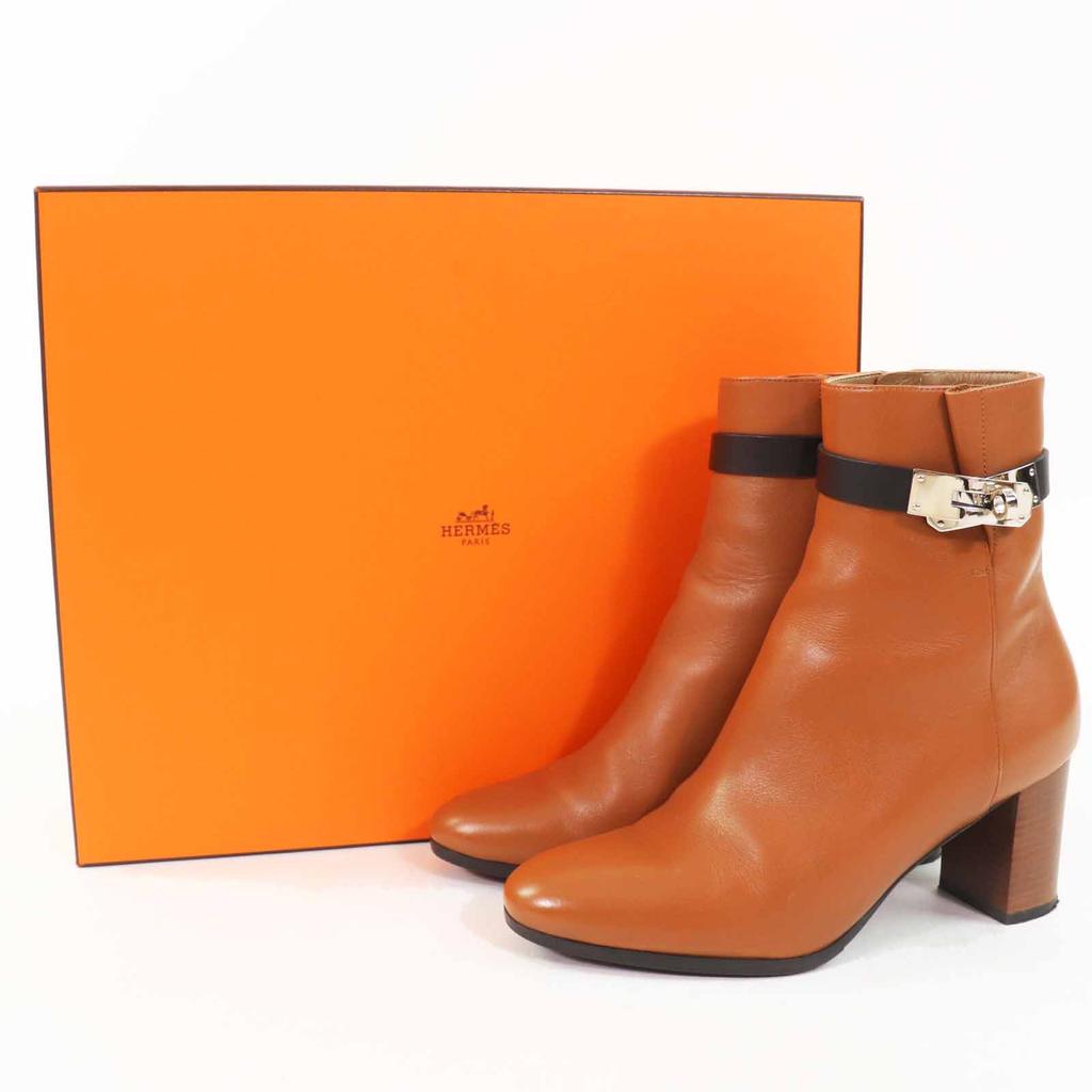 Great HERMES Short Boots Saint Germain Kelly Metal Brown Black Leather 35.5 Used