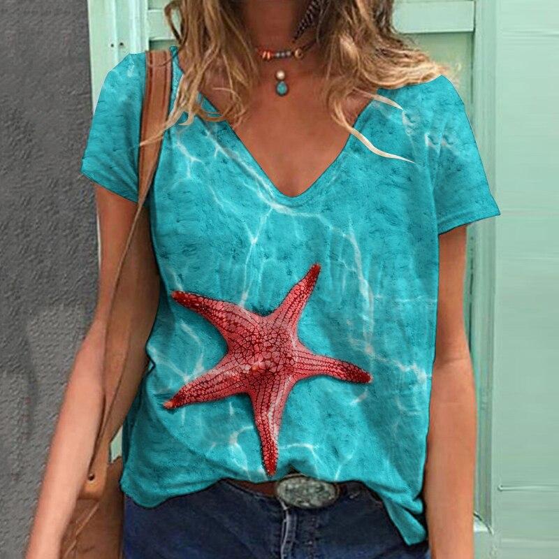 2023 Summer Beach Print Women T Shirt Tops Short Sleeve V-Neck Casual Tshirts Loose Streetwear Tees Women Clothing Blusas 25699