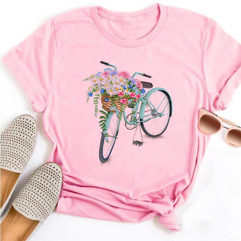 Woman Funny Bicycle Floral Print T Shirt Harajuku Women Tshirts Casual O-Neck Short Sleeves Tops Tees Shirt,Drop Shipping