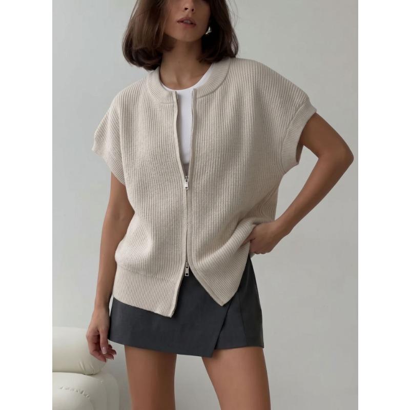 Women Double Zipper Knit Vest Loose Elegant Sweater Cardigan For Spring Autumn