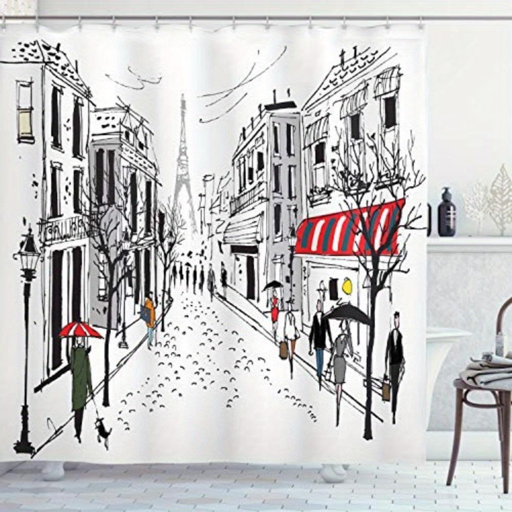 

Paris Street Scene Shower Curtain Eiffel Tower Sketch Design Black White Red Waterproof Bath Curtain French Theme Decor W60H190(CM)-1 Pcs