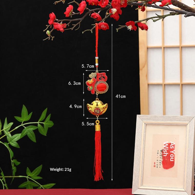 Lunar New Year Lucky Hanging Ornament with Red Tassel Golden Charm Festive Portable Decor for Travel Hotel Room Spring Festival