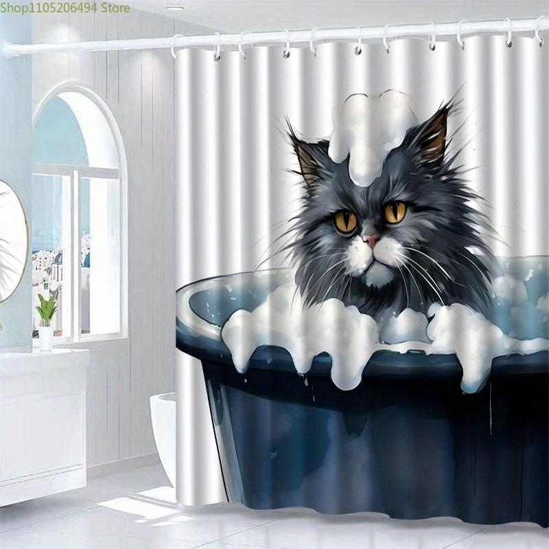 JIT1pcs with hook shower curtain, foam kitten pattern, high-end and elegant, machine-washable, suitable for bathroom and windo