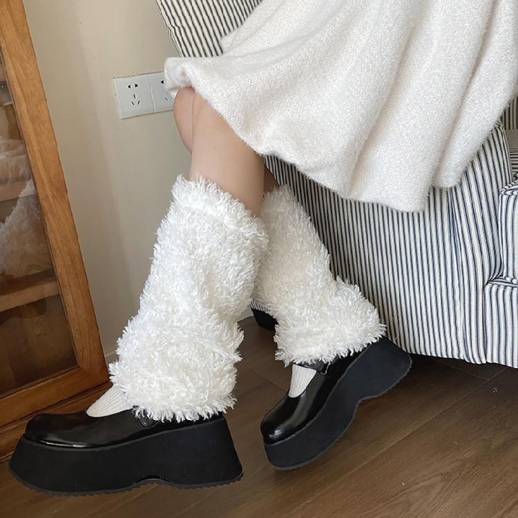 Women Vintage Warm Curly Furry Solid Color Leg Warmers Leg Covers Aesthetic Fuzzy Plush Boot Cuffs Socks for Winter Days