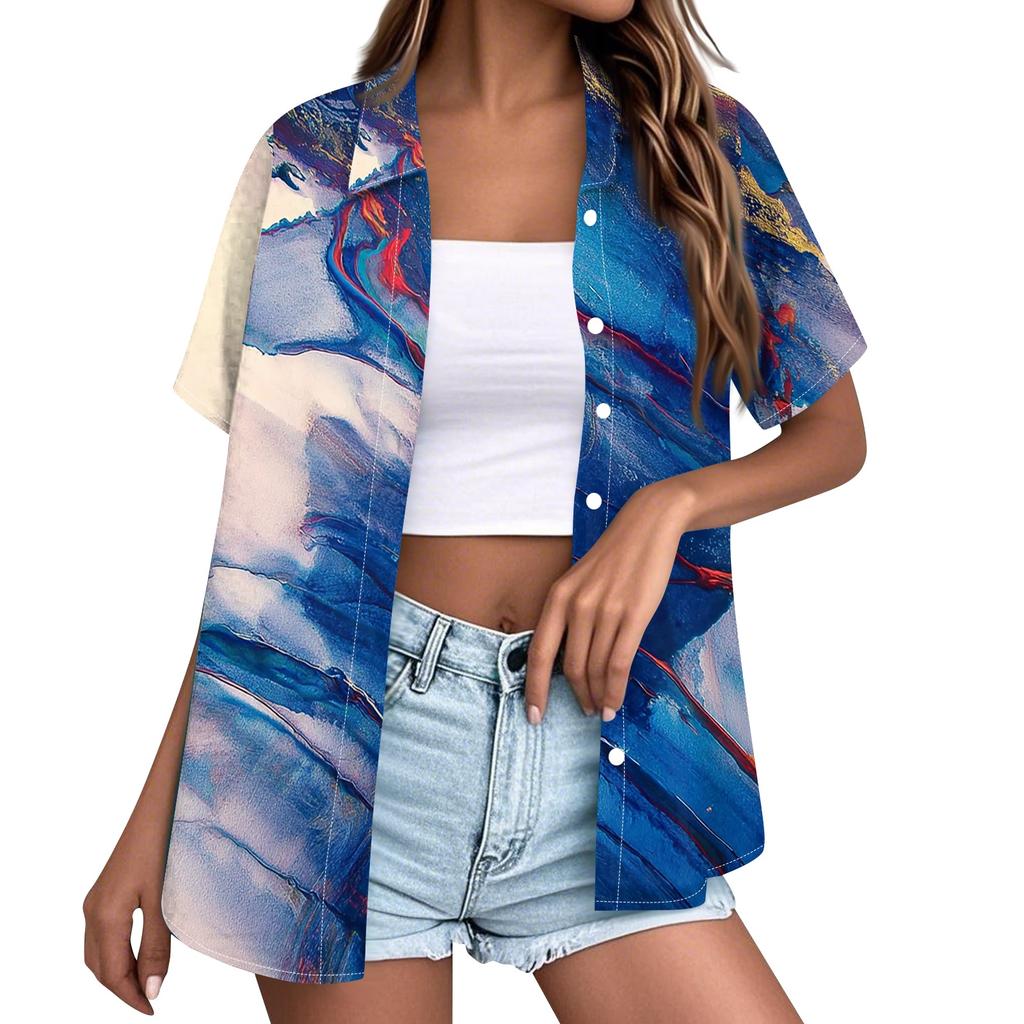 Women's Casual Summer Beach Shirt Short Sleeve Button Down Lightweight Textured Printed Blouse Relaxed Fit Vacation Top