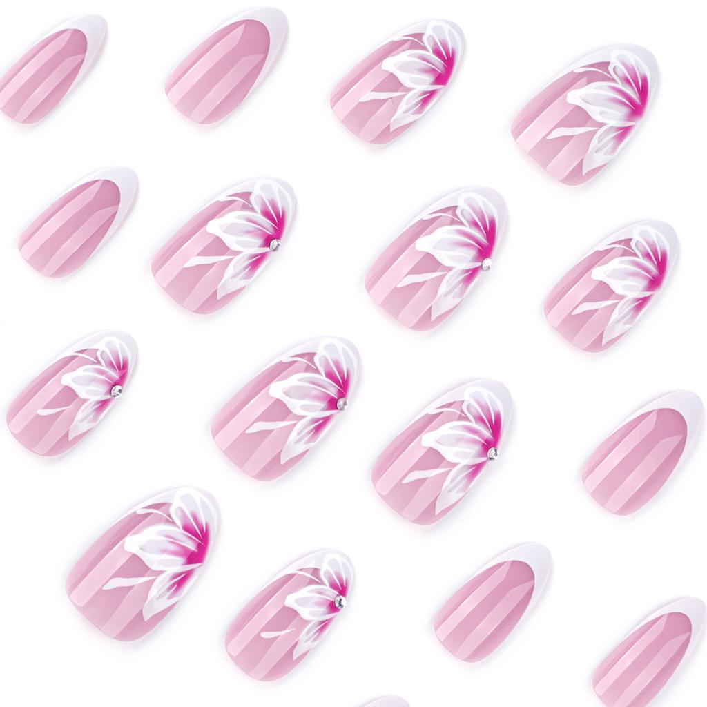 Summer Fresh and Gentle Flowers Wear Nail French White Almond Nail Piece Press On Nails