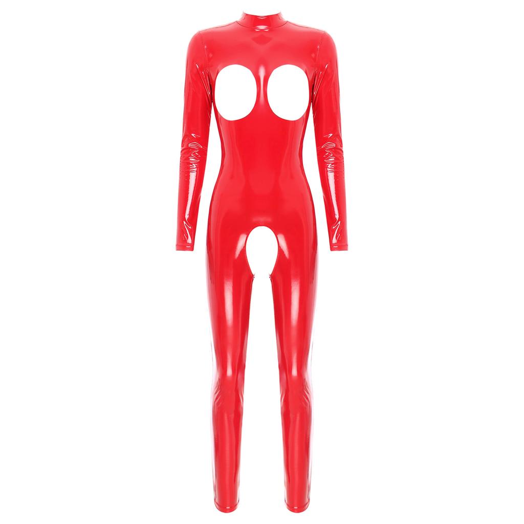 Dámská sexy metalická latexová kožená trikotová kombinéza s dlouhým rukávem, spodní prádlo, skinny