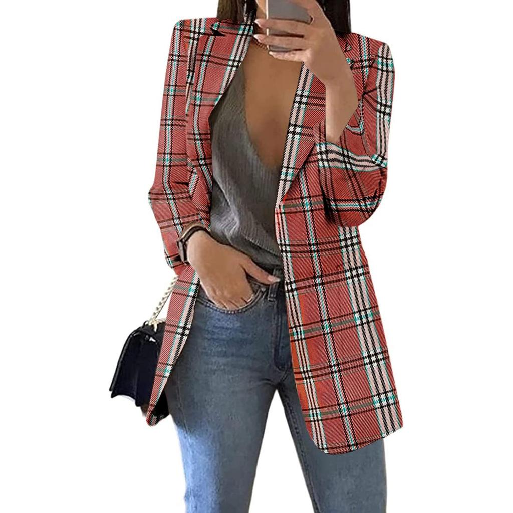 Women Lattice Open Front Pockets Cardigan Formal Suit Long Sleeve Blouse Coat