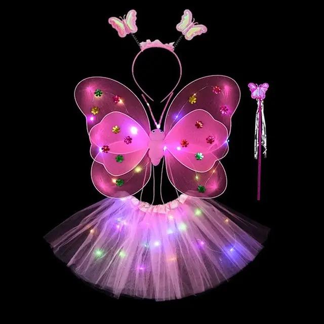 LED Children Costume Props Girls Skirt Flashing Lights Butterfly Skirt Suit Angel Luminous Wings Butterfly Wings Fancy Dress Set