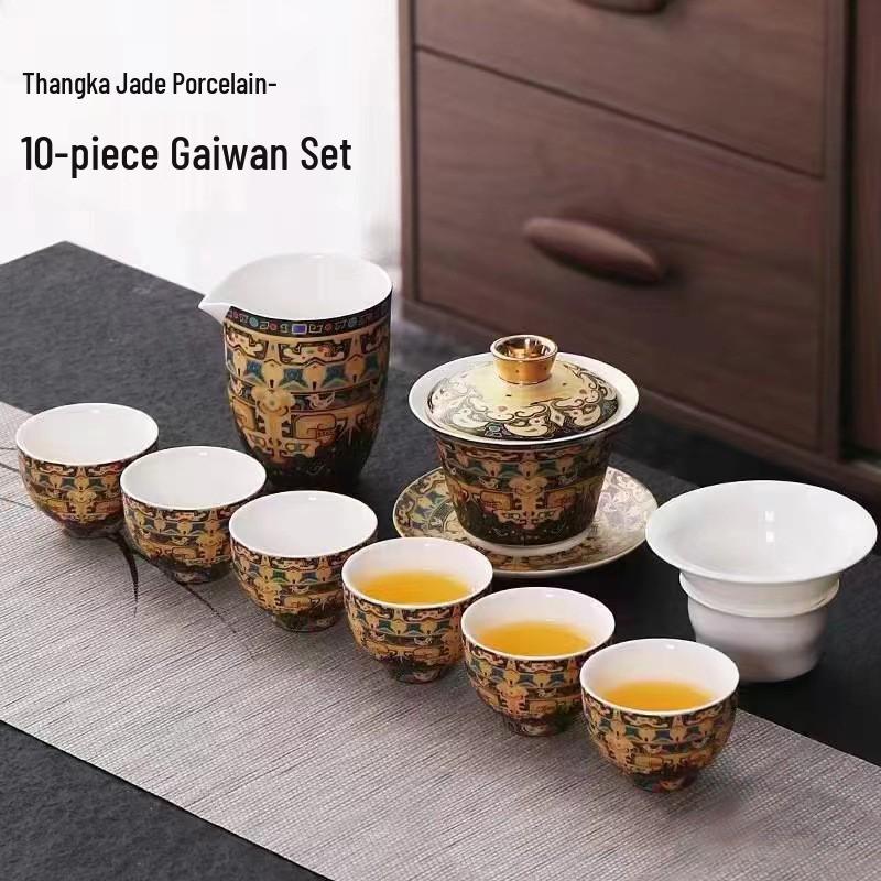 Thangka Jade Sancai Gaiwan Tea Set: High-End Kung Fu Style with Large Hand-Grip Bowl