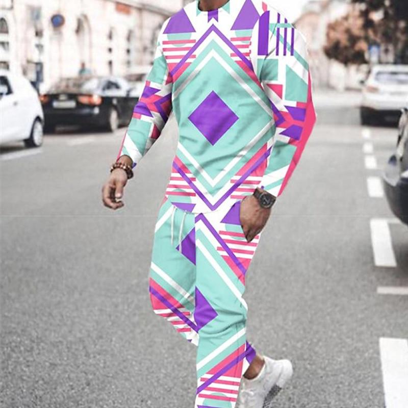 Men's 3D Abstract Geometric Print T-shirt 2-Piece Outdoor Long Sleeve Sports T Shirt Pants Set Streetwear Men's Clothing Outfits