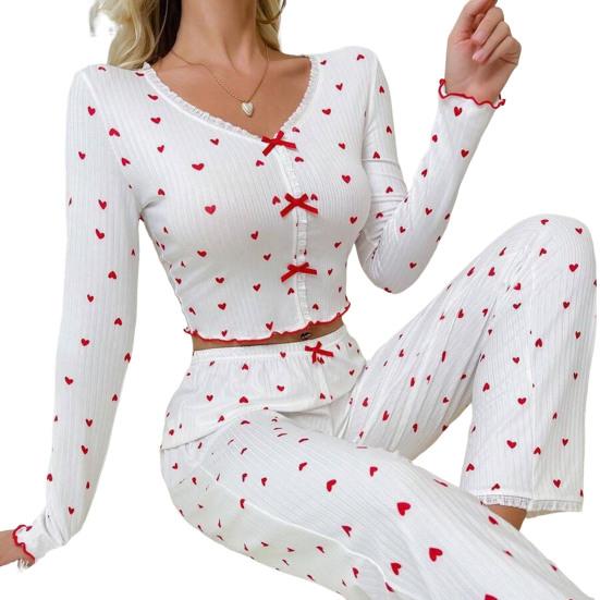 Yousheng Women Lace Trim Pajama Set Long Sleeve V-Neck Front Button Tops Full-Length Pants Sleepwear Nightwear