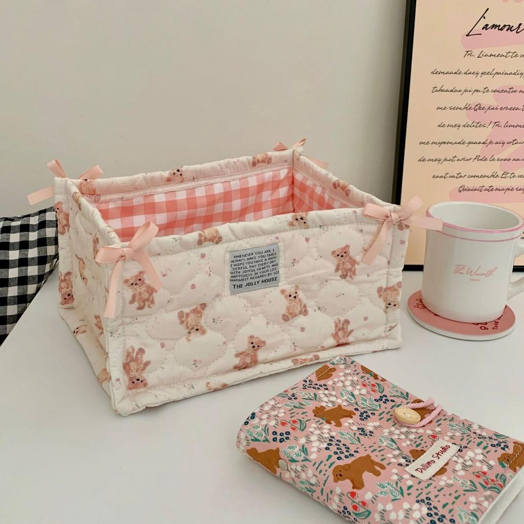 Square Storage Basket Lace Flower Desktop Organizer Storage Basket Korean Quilted Storage Basket Cute Storage Frame Decoration