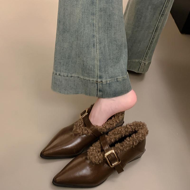 Fashion Autumn Fashion Furry Women Mary Jane Shoes Elegant Pointed Toe Low Heel Shoes Ladies Outdoor Comfort Warm Leather Footwear