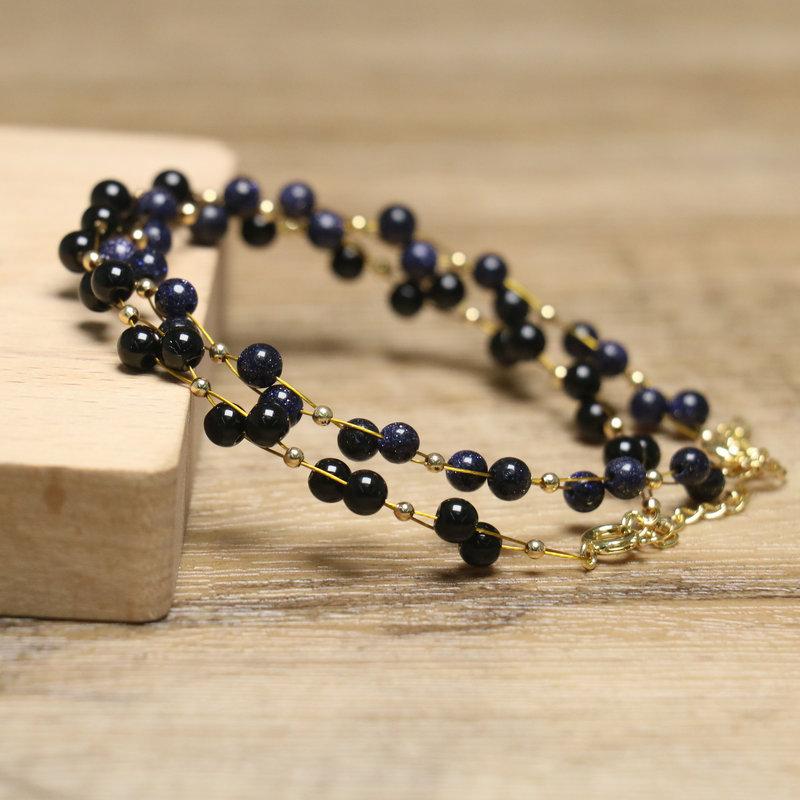 Black Onyx Double Strand Bead Bracelet – Gold Accent Dainty Jewelry, Protection Calm Gift for Women