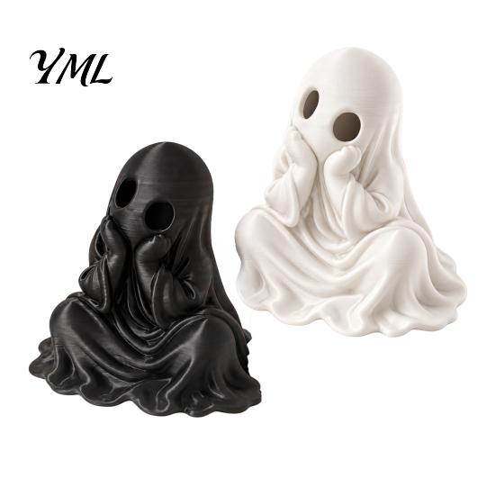 Compact Ghost Statue for Home 3D Printed Halloween Figurine, Cute Chin-Resting Spooky Desk Decor, White Black Figures Funny Ornament Party And