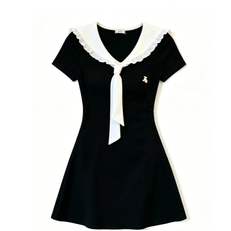 Summer new design sense age reduction waist thin skirt French sweet college style navy collar dress women
