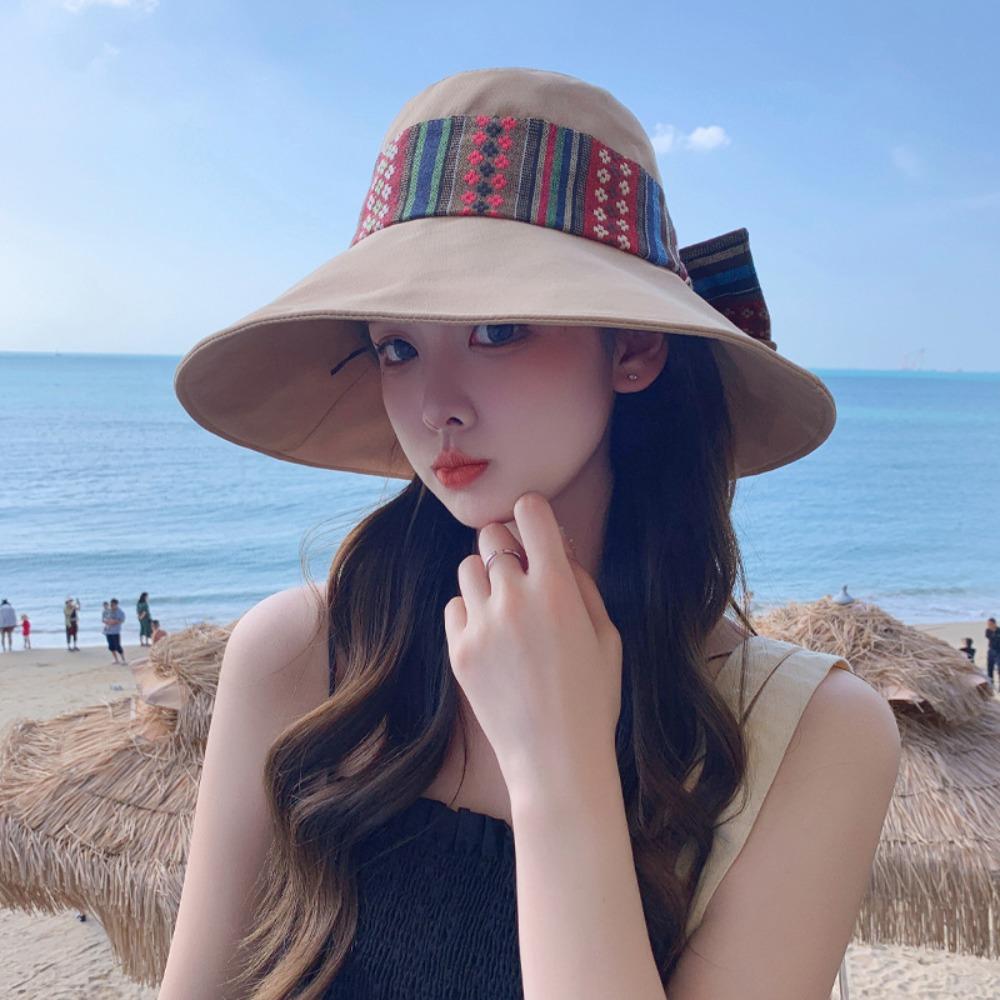 Ethnic Style Women's Sun Hat Solid Color Wide Brim Bucket Cap Simple Bowknot Fishmen Hat  Girl
