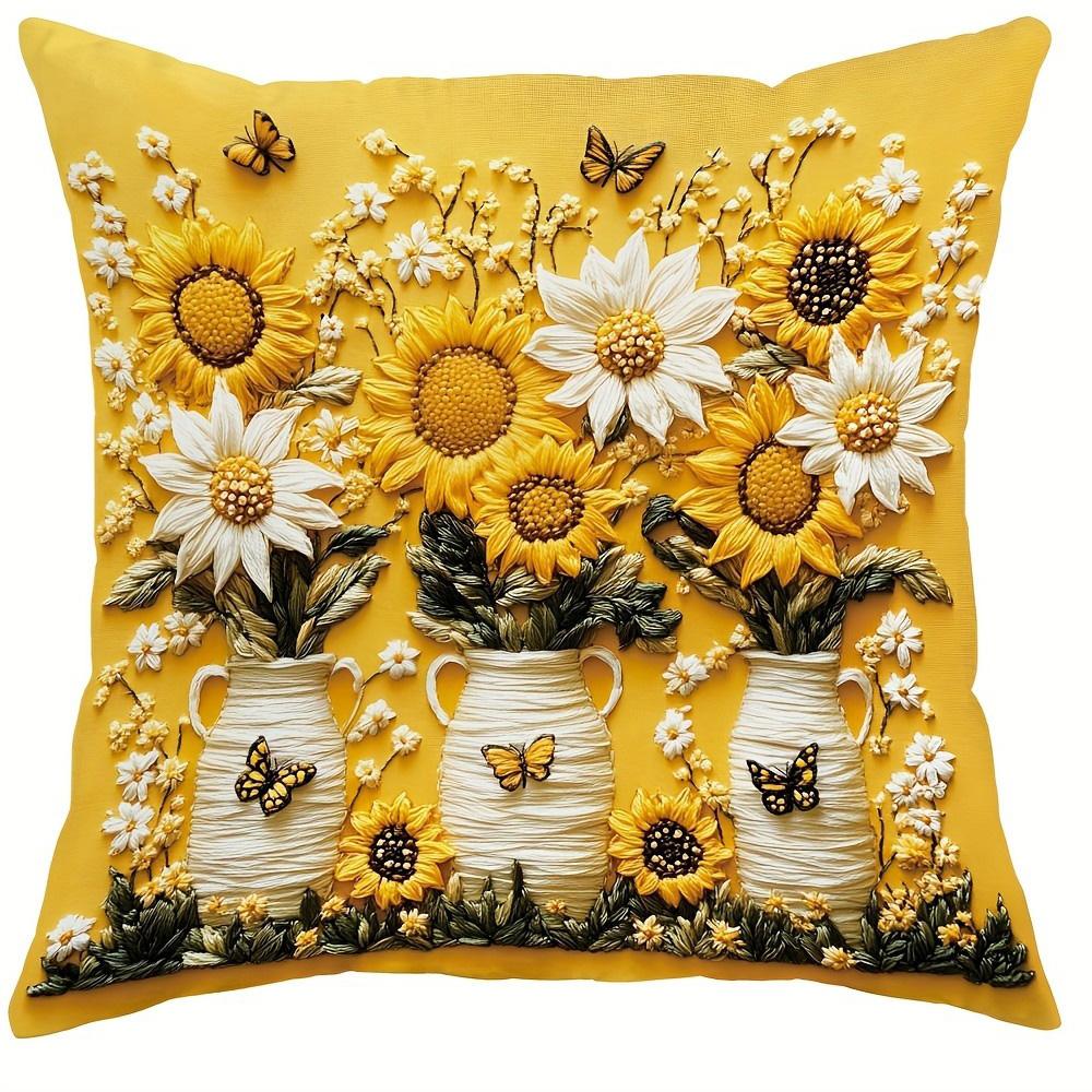 Floral Pillow Covers with Sunflowers, Daisies, Bees, and Butterflies Sofa Cushion Cover Home Room Decoration 2D Flat Printing