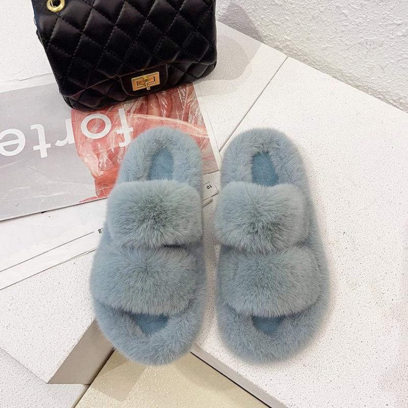 Autumn and winter new double with fluff mop outer wear fashion casual women's one-word cotton slippers flat bottom home plush slippers