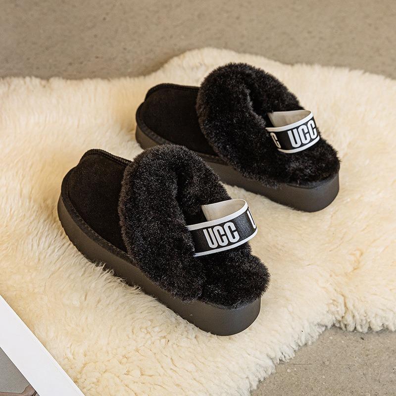 Dicksohlige flauschige Hausschuhe Herbst und Winter neu warm Rindsleder gefüttert verdickt faul ein Pedal echtes Leder Schneestiefel Damen