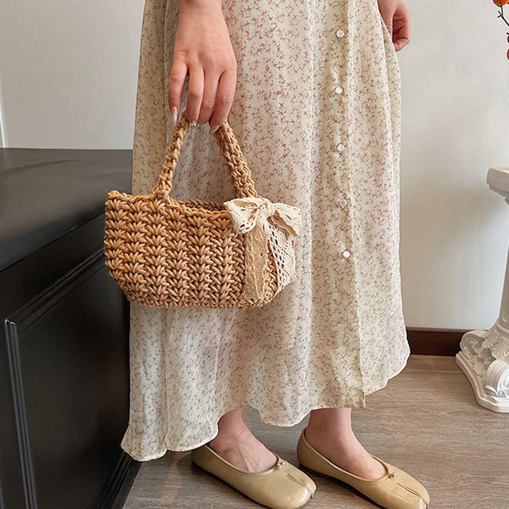Lace Bowknot Beach Straw Bag Large Capacity Bucket Bag Trendy Braided Underarm Bag  Travel