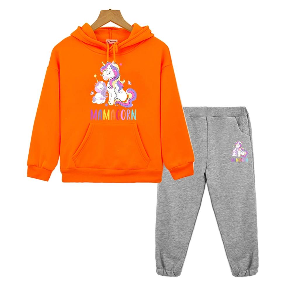 Unicorn Print Boys Girls Hooded Sets Kawaii Anime Hoodie Autumn Sweatshirt Fleece Pullover Cartoon 2PCS Jacket+Pants Kids Boutique Clothes