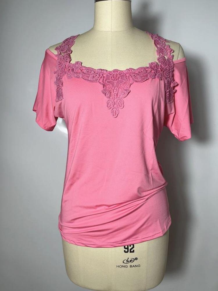 European American Style Lace Splice Casual T-Shirt Loose Women s V-Neck Short-Sleeve XS