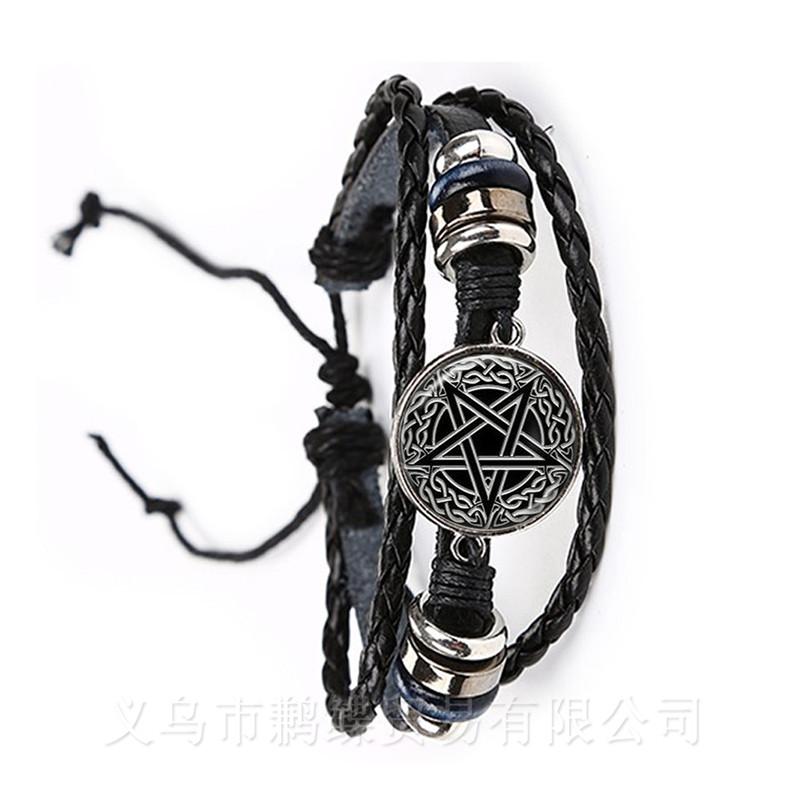 Bracciale Pentagramma di Baphomet Satanico Bangle in Pelle Nera/Marrone Gotico Satanismo Male Occulto Pentacolo Gioiello Amuleto Pagano Regalo