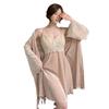 Women's Gold Velvet Pajamas: Sexy Camisole & Long Sleeve Robe Set with Chest Pads for Autumn/Winter