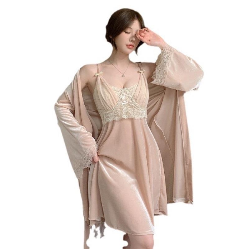 Women's Gold Velvet Pajamas: Sexy Camisole & Long Sleeve Robe Set with Chest Pads for Autumn/Winter