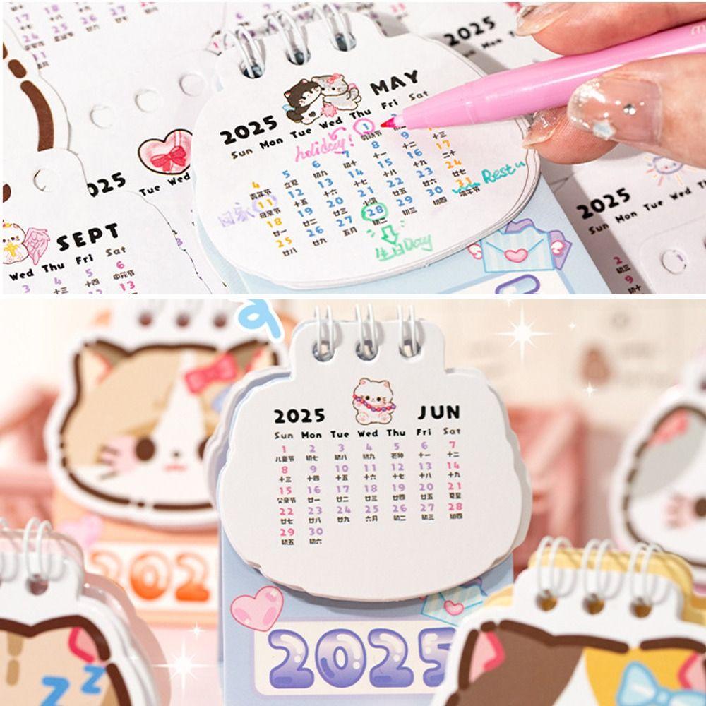 Coil Planner Mini Desk Calendar Cartoon Cat 2025 Coil Calendar Portable Desktop Calendar  Office