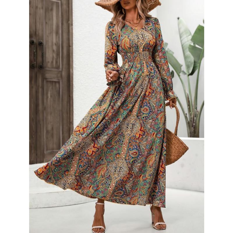 Herbst Damen Bedruckte Kleider mit V-Ausschnitt und langen Ärmeln