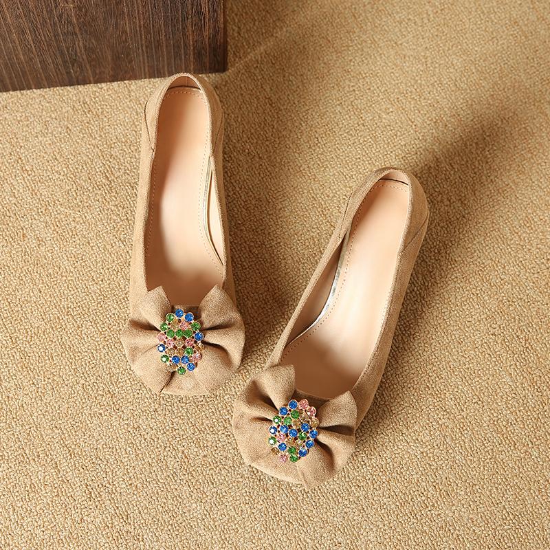Sweet Single Shoes Summer New Square Head Shallow Mouth Crystal Buckle Butterfly Knot Anti-slip Wear-resistant Heel Shoes