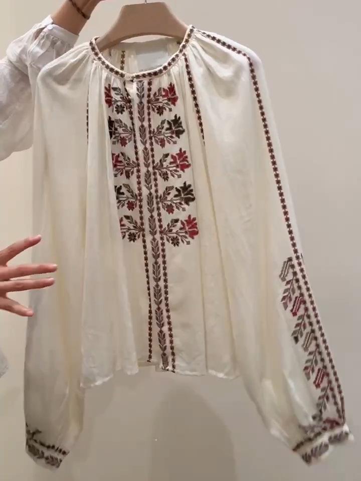 2026 Early Spring Women's French Ethnic Embroidered Pure Cotton Shirt with Long Lantern Sleeves